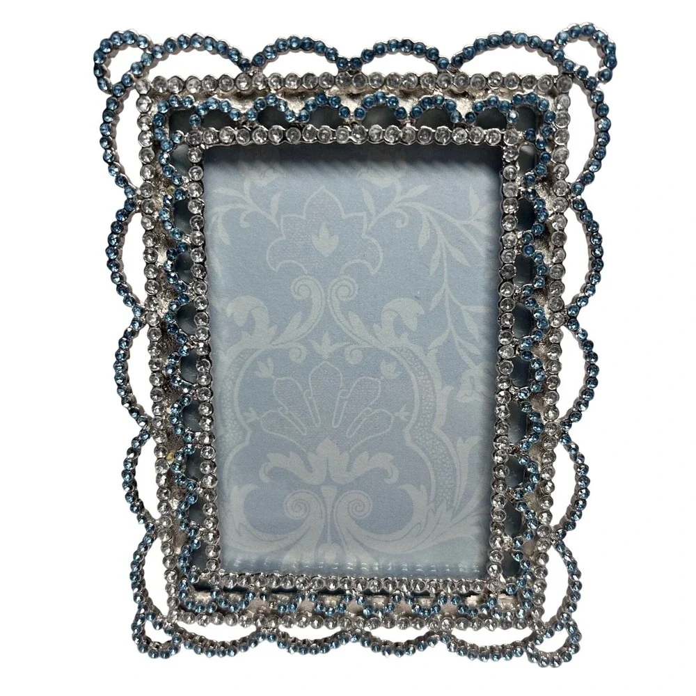 Sixtrees Blue Clear Rhinestone Scalloped Photo Frame Silver Tone Vintage Style